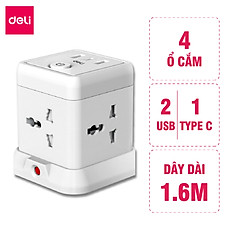 Ổ cắm điện đa năng Deli Công Suất 2500W - Tích Hợp Ổ USB & Type C Thiết Kế Cầu Chì Tự Ngắt Khi Quá Tải, Nắp Chống Giật