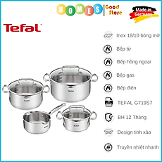 Bộ Nồi 4 Sets TEFAL G719S7 Có Vạch Chia, Gồm 7 Chi Tiết Nhập Khẩu Đức, Chất Liệu Thép Không Gỉ, Dùng Cho Mọi Loại Bếp, Bền Gấp 6 Lần Chảo Thường - Hàng Nhập Khẩu