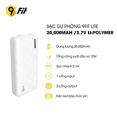 Sạc dự phòng 9FIT Lite 20,000mAh /3.7V Li-Polymer - 9PL20K03B, hỗ trợ sạc nhanh - Hàng chính hãng