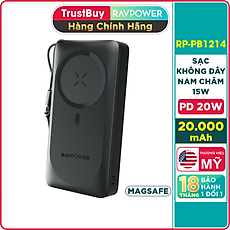 Pin Sạc Dự Phòng 20000mAh RAVPower RP-PB1214 Sạc Nhanh 20W, Sạc Không Dây Nam Châm Tối Đa 15W, Tương Thích Mag.Safe iPhone - Hàng Chính Hãng