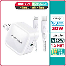 Bộ Củ Sạc Dành Cho iPhone, iPad GaN Nhỏ Gọn RAVPower RP-PC120 30W Và Cáp Type C to Light.ning MFI C94 20W Dây Nylon Dài 1.2M RP-CB1004-W - Hàng Chính Hãng