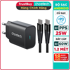 Combo Củ Sạc Nhanh PPS PD 25W CHOETECH PD6003 Và Cáp Type C 60W Dài 1.2m XCC-1003 Cho Điện Thoại Samsung, Oppo, Vivo, Xiaomi - Hàng Chính Hãng