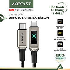 Cáp sạc ACEFAST Type C to Light.ning sạc nhanh 30W, dài 1.2m có màn LED hiển thị thông số - C6-01 Hàng chính hãng