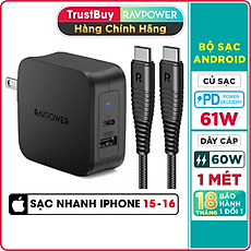 Combo RAVPower Củ Sạc Điện Thoại USB Type-C 61W RP-PC105 + Dây Cáp Sạc Type C to Type C RP-CB047 - Hàng Chính Hãng