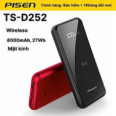 Sạc Dự Phòng Không Dây Pisen Wireless Charging  8000mAh ( Mặt kính, 2x USB Smart, Fast, Micro, LCD)- (TS-D252), hàng chính hãng