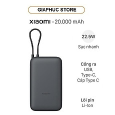 Pin sạc dự phòng Xiaomi 20000mAh 22.5W kèm Cáp Type C - GiaPhucStore | Hàng Chính Hãng