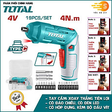 Bộ máy bắt vít dùng pin 4V kèm 20 chi tiết vít TOTAL TSDLI0442 - Có hộp, sạc Type C, vặn vít, siết vít, pin dung lượng cao, có đèn LED, có đảo chiều