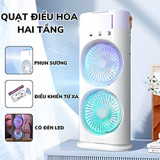 Quạt Hơi Nước Có Tích Điện, Quạt Phun Sương Mini 4 cánh, Quạt Để Bàn 2 Tầng Có Đèn Led, remote Tiện Lợi - Hàng Chính Hãng Double ended Spray Fan, Máy tạo ẩm