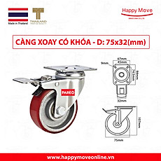 Bánh xe đẩy PU cốt gang càng xoay 360 có khóa 75-100-125mm - Happy Move Thái Lan