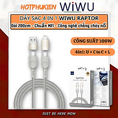 Cáp Sạc Đa Năng 4in1 sạc nhanh 100W dài 200cm USB-C + USB-A ra Type-C + L cho iPhone / cho iPad/ cho Macbook Laptop / Điện thoại thông minh hiệu WIWU Raptor - Chống Rối, Siêu Bền, Chip Thông Minh Tích Hợp, Sạc An Toàn - Hàng nhập khẩu