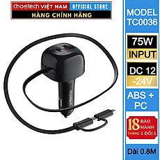 Tẩu sạc nhanh trên ô tô 75W Choetech TC0036 tích hợp cáp sạc rút Type C kèm đầu nối IP - Hàng chính hãng