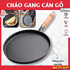 Chảo Gang Tròn Chống Dính Size 20-26Cm Cán Gỗ Chống Bỏng Đổ Bánh Xèo Chiên Trứng Dùng Cho Mọi Loại Bếp