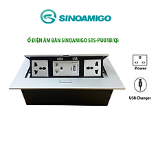 Ổ điện âm bàn họp Sinoamigo STS-212GST-1. Chất liệu hợp kim màu bạc. Tích hợp 3 ổ điện, 1 USB sạc 5V-2.1A - Hàng chính hãng