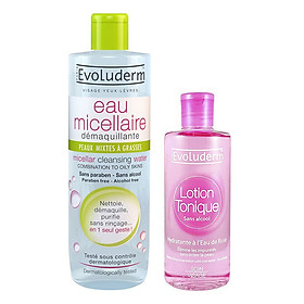 Combo Nước Tẩy Trang Evoluderm Micellar Dành Cho Da Nhờn (500ml) + Nước Hoa Hồng Evoluderm (250ml)