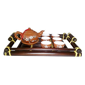 BỘ BÌNH TRÀ ĐỎ HOA ĐÀO KHAY TRE GỐM SỨ BÁT TRÀNG T707