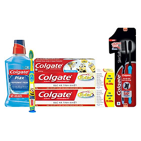 Bộ Sản Phẩm Chăm Sóc Răng Miệng: 2 Kem Đánh Răng Colgate Total Clean Mint 150g + Bộ Đôi Bàn Chải Đánh Răng Colgate SlimSoft Charcoal + Nước Súc Miệng Cogate Plax Peppermint 500ml + Kem Đánh Răng Trẻ Em Colgate Minion 40g + Bàn Chải Đánh Răng Trẻ Em Colgat