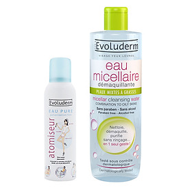 Combo Evoluderm CBNTTDNXK: Nước Tẩy Trang Evoluderm Micellar Dành Cho Da Nhờn (500ml) + Nước Xịt Khoáng Evoluderm (150ml)