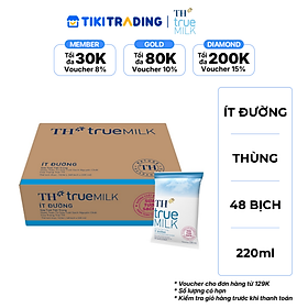 Thùng 48 bịch sữa tươi tiệt trùng TH True Milk  ít đường 220ml