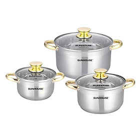 Bộ 3 Nồi Inox 5 Đáy Từ Vung Kính Sunhouse SH781 (16cm, 20cm, 24cm)