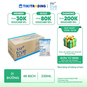 Thùng 48 bịch sữa tươi tiệt trùng TH True Milk  ít đường 220ml