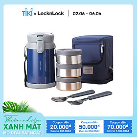 Bộ Hộp Cơm Giữ Nhiệt Lock&Lock Easy Carry 2L LHC8039 Có Túi (1 Hộp 720ml, 2 Hộp 420ml Kèm 1 Bộ Muỗng Và Nĩa)