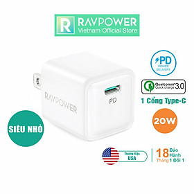 Adapter Củ Sạc Siêu Nhỏ RAVPower RP-PC150 USB Type C PD 20W Sạc Nhanh iPhone, iPad, Android - Hàng Chính Hãng