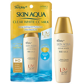 Kem chống nắng Skin Aqua trang điểm tạo nền trắng mịn & đều màu dạng sữa Sunplay Skin Clear White CC Milk SPF 50, PA++++ 25g