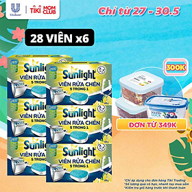 Combo 6 Hộp Viên Rửa Chén Bát (28V/hộp) Sunlight 5 in 1 Cho máy rửa chén bát Công nghệ PureClean không để lại vêt ố