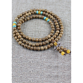 Vòng tay 108 hạt phong cách phật giáo gỗ cánh gà 6 ly phối hạt xanh vàngVG03