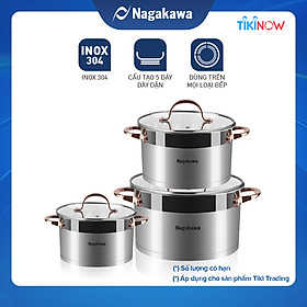 Bộ 3 Nồi Inox 304 Đáy Từ 5 Đáy Nagakawa NAG1352 (16cm, 20cm, 24cm) - Hàng Chính Hãng