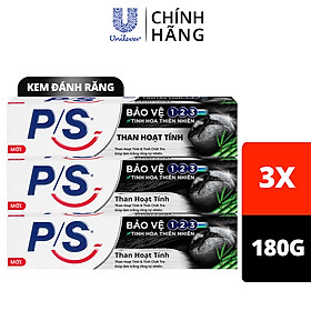 Combo 3 Kem đánh răng P/S Bảo vệ 123 Than Hoạt Tính 180g giúp làm trắng răng tự nhiên