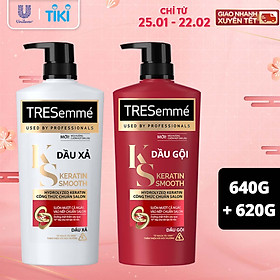 Combo Dầu Gội, Dầu Xả TRESEMME Keratin Smooth Dưỡng tóc khô xơ rối Công thức chuẩn salon Hydrolyzed Keratin trong Dầu Gội và dầu Xả dưỡng Tóc Vào Nếp Suôn Mượt 640g, 620g