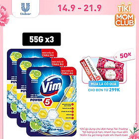 Combo 3 Viên Tẩy Diệt Khuẩn Bồn Cầu Vim Power 5 Hương Chanh Sạch Khuẩn Thơm Mát 55g