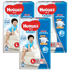 Combo 3 Gói Tã Dán Huggies Dry Gói Cực Đại L68 (68 Miếng) - Bao Bì Mới