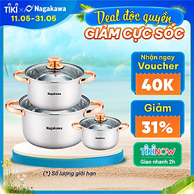 Bộ 3 nồi inox 4 đáy Nagakawa NAG1306 (16cm, 20cm, 24cm) - Quai mạ vàng - Dùng trên mọi loại bếp - Hàng Chính Hãng