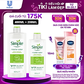 Combo 2 Nước tẩy trang Simple Micellar làm sạch 99% trang điểm, cho da thoáng mịn tức thì 400ml và 200ml [CHAI LỚN TIẾT KIỆM 111K]