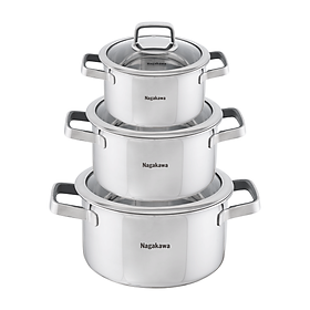 Bộ 3 Nồi Đáy Từ Đa Lớp Nguyên Khối Inox 304 Cao Cấp Nagakawa NAG1353 (16cm, 20cm, 24cm) - Dùng Trên Mọi Loại Bếp - Hàng Chính Hãng