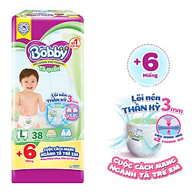Tã quần Bobby mới L38 - Lõi nén thần kì 3mm - Siêu mỏng khô thoáng bất ngờ - Tặng thêm 6 miếng