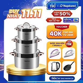 Bộ 3 Nồi Inox 304 Đáy Từ 5 Đáy Nagakawa NAG1352 (16cm, 20cm, 24cm)