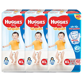 Combo 3 Gói Tã Quần Huggies Dry Gói Cực Đại XL62 (62 Miếng) - Bao Bì Mới