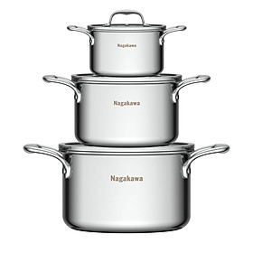 Bộ 3 nồi inox Nagakawa Haru NAG1355 (16cm, 20cm, 24cm) 5 đáy toàn phần - Dùng trên mọi loại bếp - Hàng chính hãng