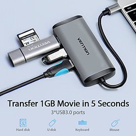Cáp chuyển đổi Type-C sang HDMI + 3 cổng USB 3.0 + Type-C PD Vention CNBHB - hàng chính hãng