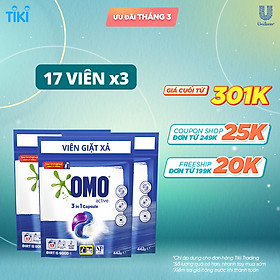 Combo 3 Túi Viên Giặt Quần Áo 3 Trong 1 Omo Cho Máy Giặt Cửa Trước Và Cửa Trên Bền Màu Công Nghệ Anh Quốc 17 Viên