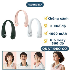 Quạt đeo cổ mini không cánh làm mát thông minh 360 độ, quạt treo cổ tích điện 3 chế độ pin trâu, kiểu dáng thể thao