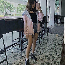  Áo khoác nữ dù 2 lớp phối sọc tay có nón dễ thương - M092