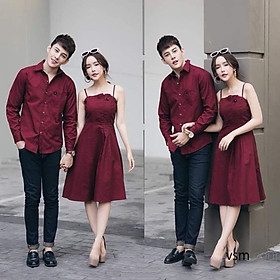 SET ÁO CẶP NAM NỮ ÁO SƠ MI NAM ĐẦM XÒE 2 DÂY NỮ, ĐỒ ĐÔI TÌNH NHÂN ĐI BIỂN CHỤP HÌNH CƯỚI MÀU ĐỎ ĐÔ PHONG CÁCH HÀN QUỐC