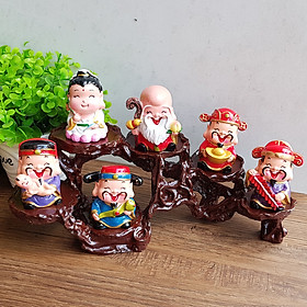 (Hàng cao cấp) Bộ 05 tượng Ngũ Phúc Lâm Môn 6cm kèm tượng Quan Âm và chân đế ngang 6 ô bằng sứ
