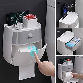 Kệ để đồ nhà tắm kiêm hộp đựng giấy vệ sinh có nắp kín chống nước và ngăn kéo nhỏ chứa đồ, thiết kế dính tường siêu chắc chắn bằng miếng dán silicon bản rộng, thiết kế đẹp mang tính thẩm mỹ