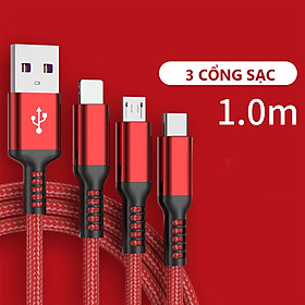 Dây cáp sạc nhanh bọc dù 100W - eXtreme DS5201 cáp sạc 3 đầu 1m chống đứt 6A type C Android, Light.ning IP - Hàng chính hãng