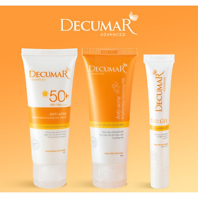 Combo 3 sản phẩm Ngừa Mụn Sáng Da sau mụn Decumar Advanced THC White (Gel mụn thâm + Gel rửa mặt sáng da+ Kem chống nắng phù hợp mọi loại da)